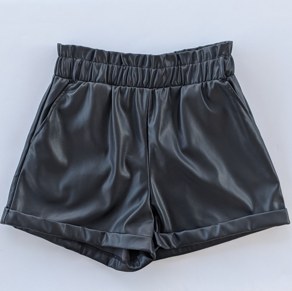 iris Black High-Waist Faux Leather Shorts